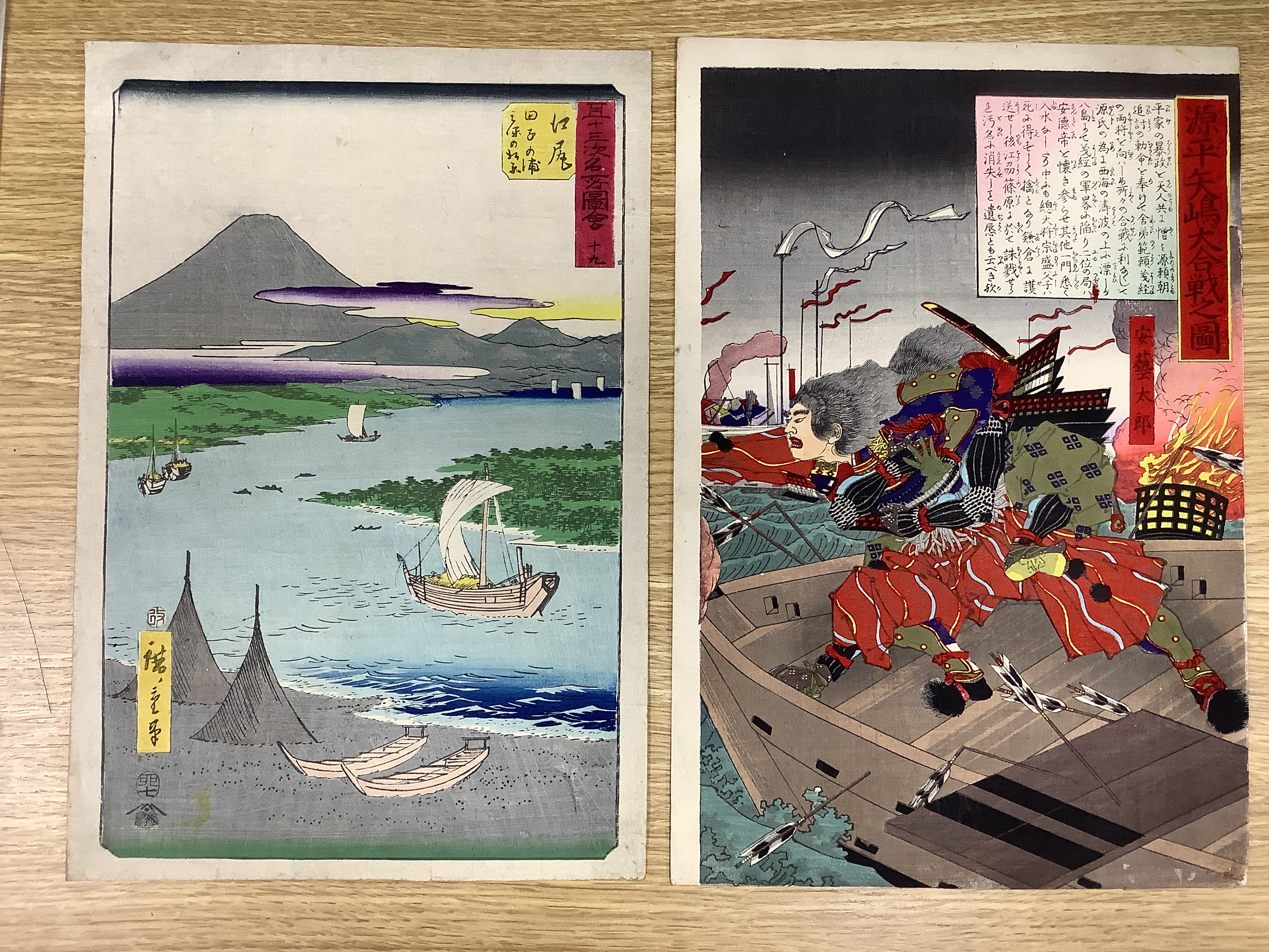 Eleven Japanese woodblock prints including one after Utagawa Kuniyoshi and one after Yanagawa Shigenobu, unframed, 37 x 25cm